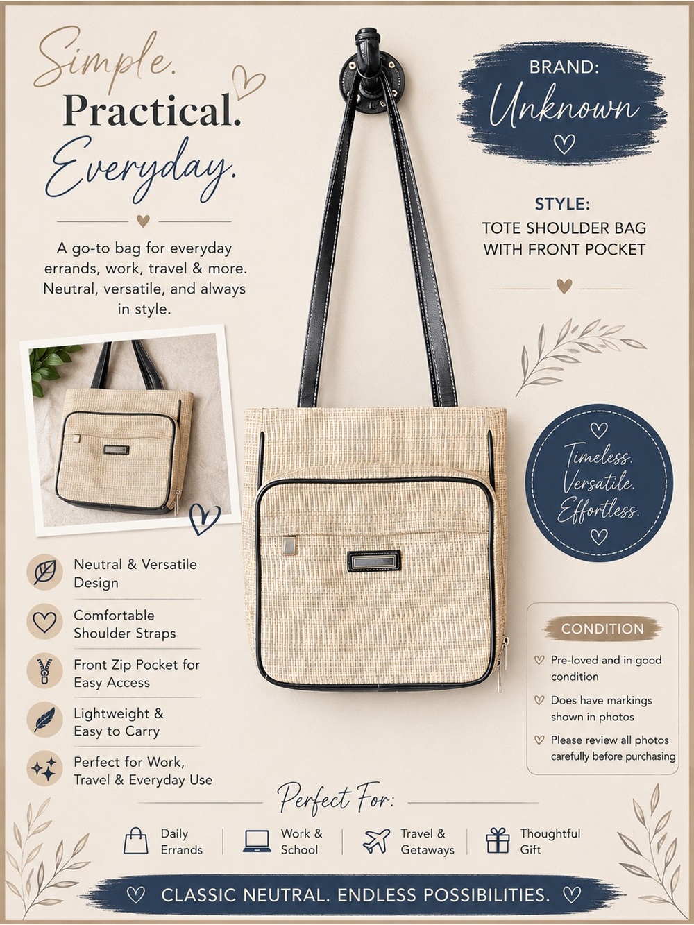 Unk Beige Woven Tote Shoulder Bag with Black Trim